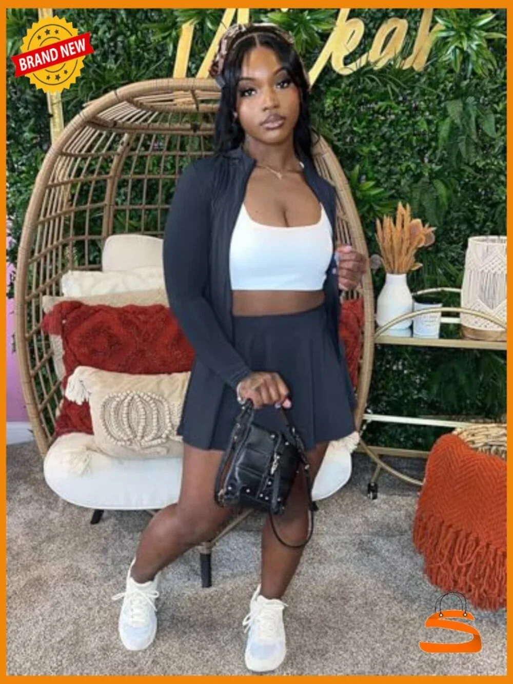 2 Piece Tracksuit Set Long Sleeve Crop Top and Mini Skirt Skort Workout Casual